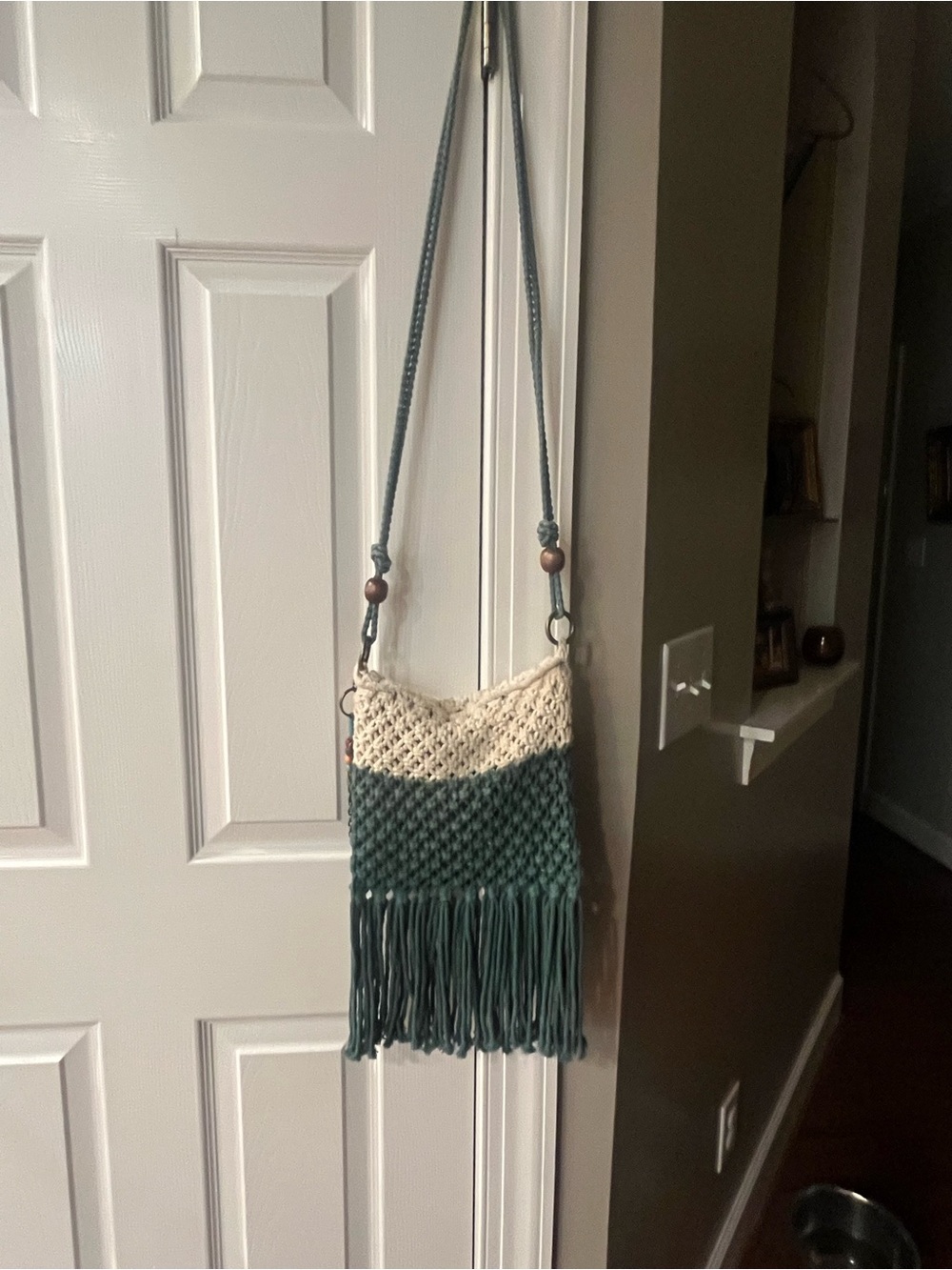 The Sak Macramé Fringe Shoulder Bag in Teal and Cream - Picture 4 of 5